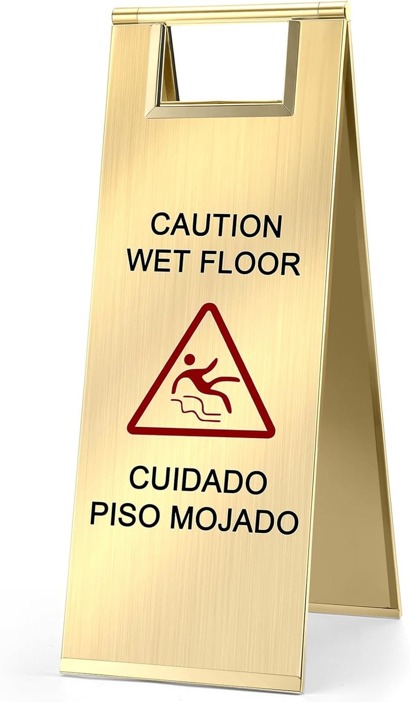 LEIFIDE Stainless Steel Wet Floor Caution Sign Bulk 8.8 Pound Portable Foldable Handle Bilingual Safety Sign for Kitchen Restaurant Supermarket Shop Commercial Use Avoid Fall and Slip Accident(Gold) - Image 1